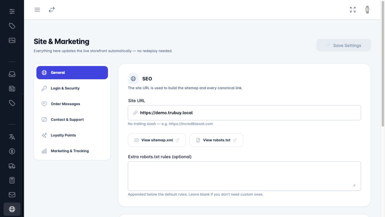 Site settings in the TruBuy admin