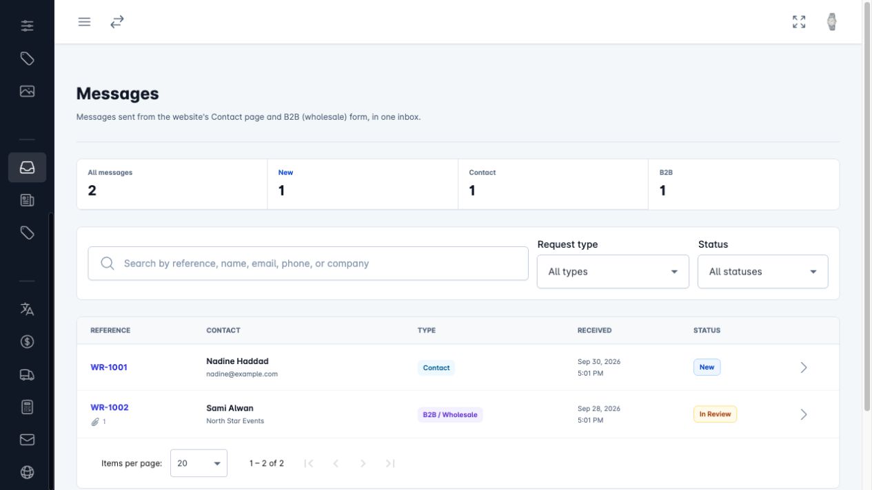 Website requests inbox in the TruBuy admin